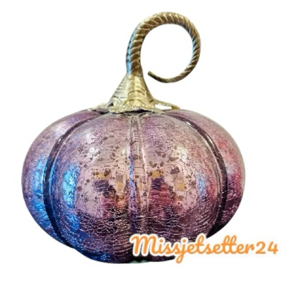 Purple Crackle Mirrored Pumpkin With Silver Stem Fall Halloween Thanksgiving